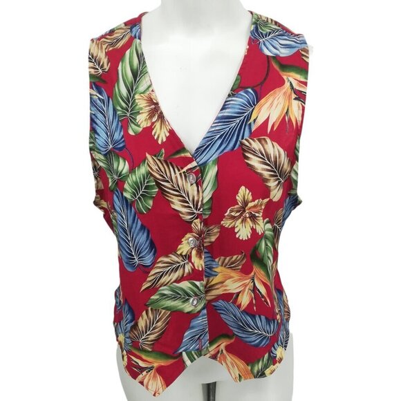 Vintage Confetti Hawaiian Floral Print Vest Sleeveless Shirt Size M 80s 90s Red - Picture 1 of 15